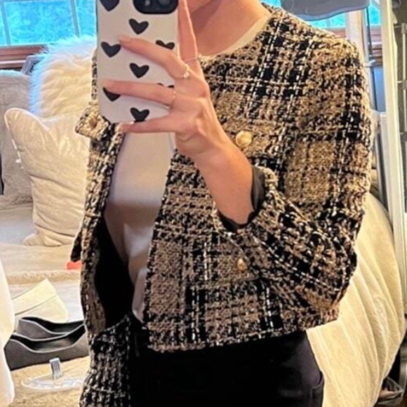 Classic Plaid Print Tweed Open Front Jacket Coat - Picture 3 of 9